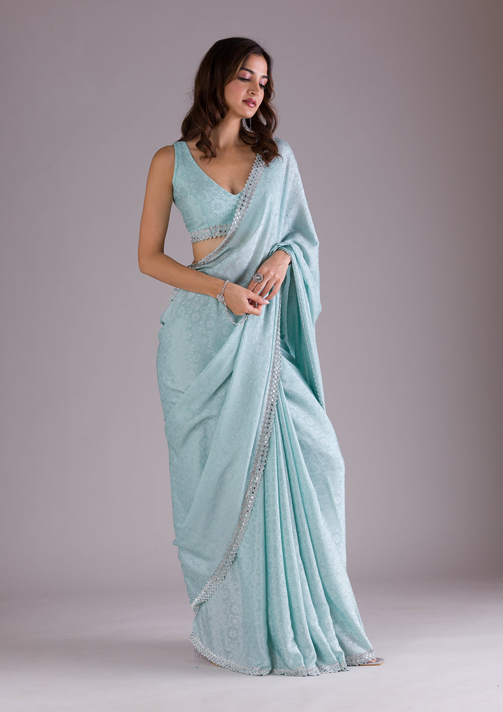 Sky Blue Stonework Semi Crepe Saree