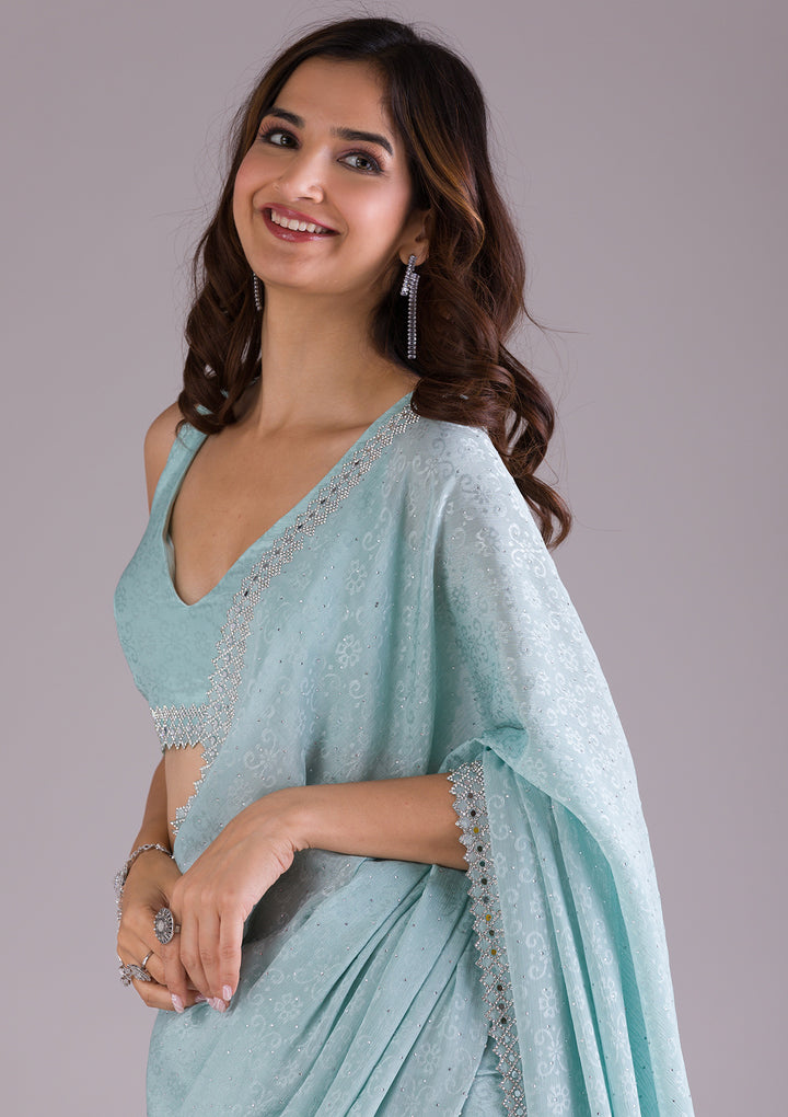 Sky Blue Stonework Semi Crepe Saree