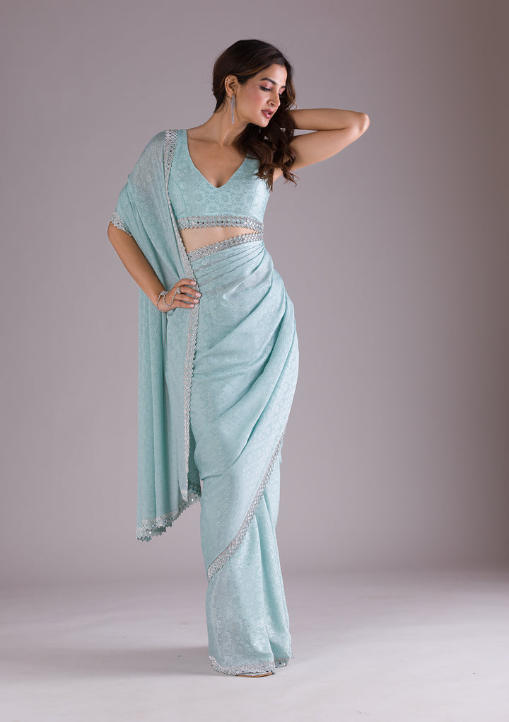 Sky Blue Stonework Semi Crepe Saree