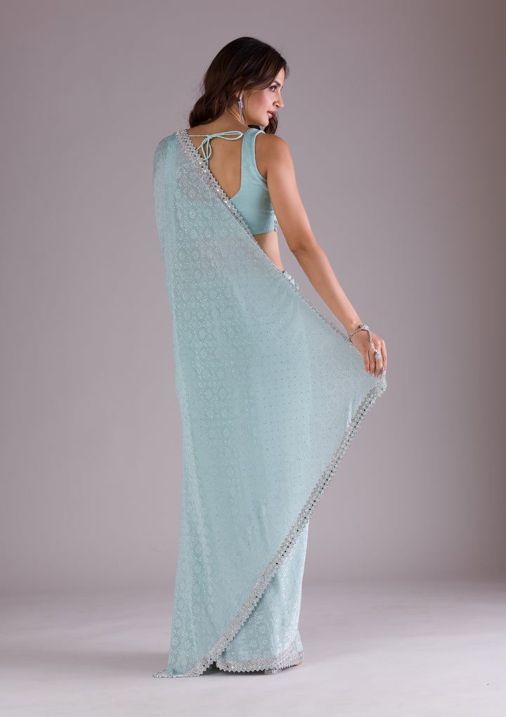 Sky Blue Stonework Semi Crepe Saree