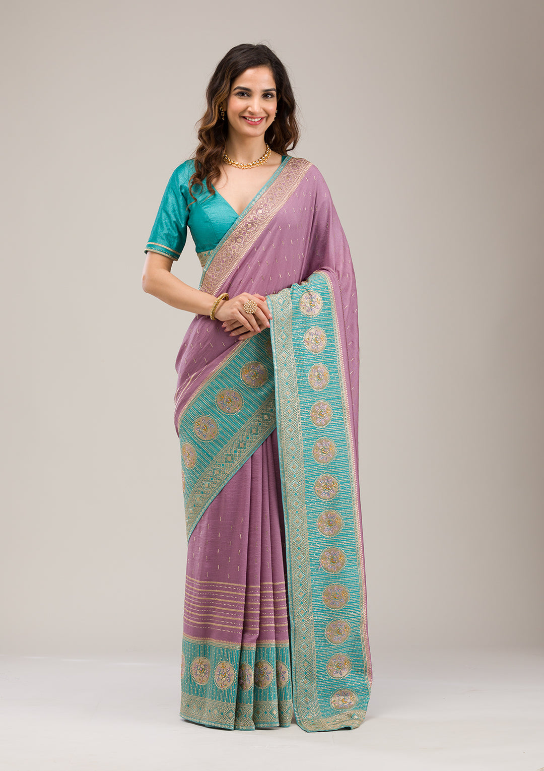 Sky Blue Soft Raw Silk Gold Stonework Saree With Matching Blouse Piece