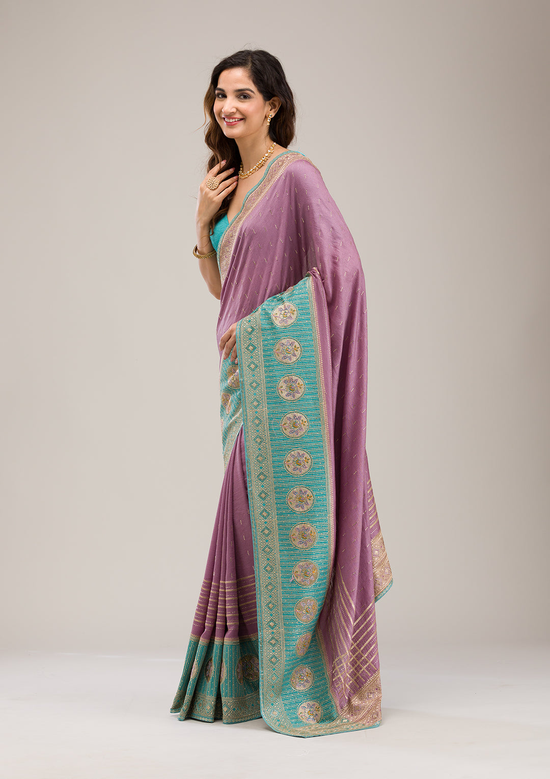Sky Blue Soft Raw Silk Gold Stonework Saree With Matching Blouse Piece