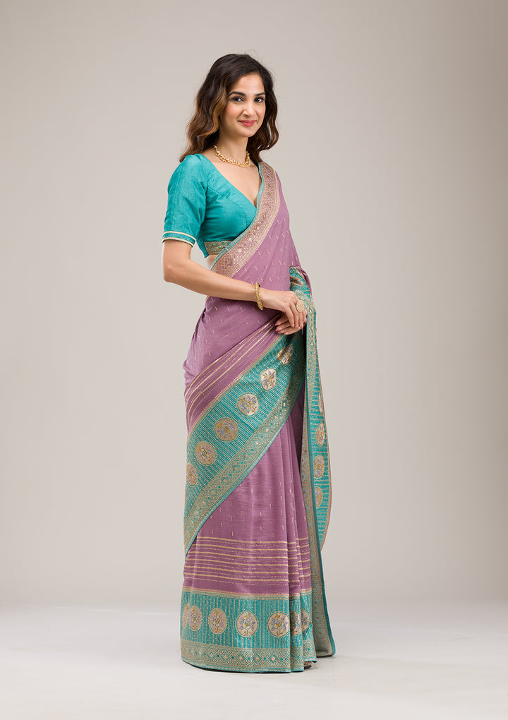 Sky Blue Soft Raw Silk Gold Stonework Saree With Matching Blouse Piece