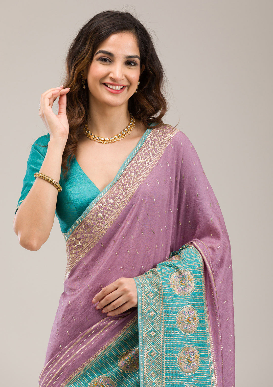 Sky Blue Soft Raw Silk Gold Stonework Saree With Matching Blouse Piece