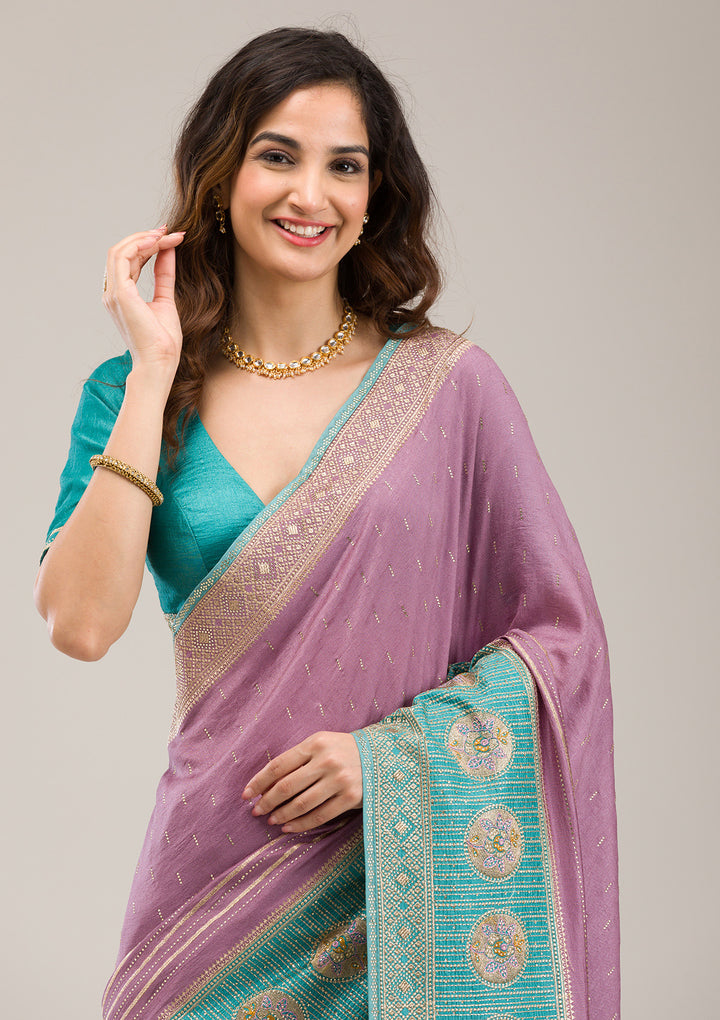 Sky Blue Soft Raw Silk Gold Stonework Saree With Matching Blouse Piece