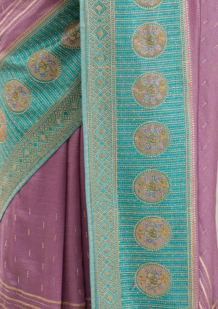 Sky Blue Soft Raw Silk Gold Stonework Saree With Matching Blouse Piece