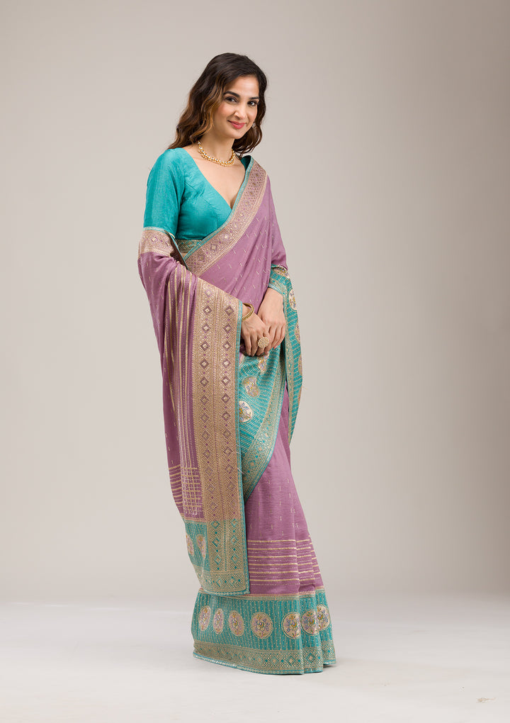 Sky Blue Soft Raw Silk Gold Stonework Saree With Matching Blouse Piece