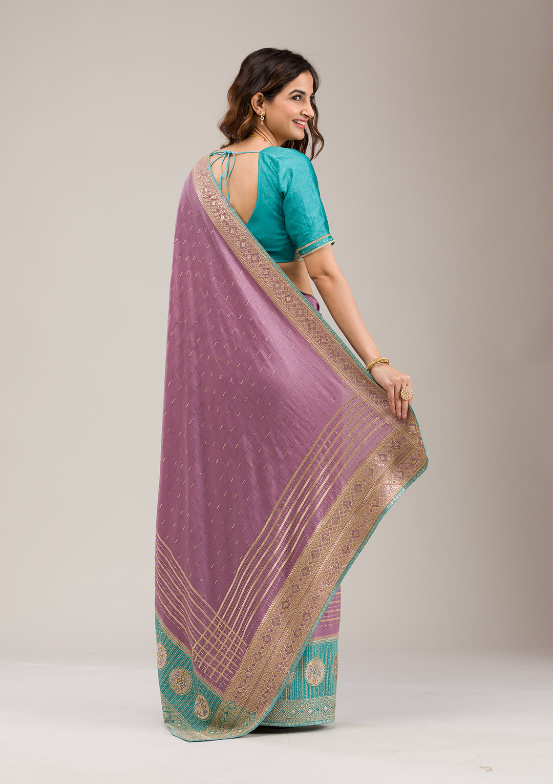 Sky Blue Soft Raw Silk Gold Stonework Saree With Matching Blouse Piece