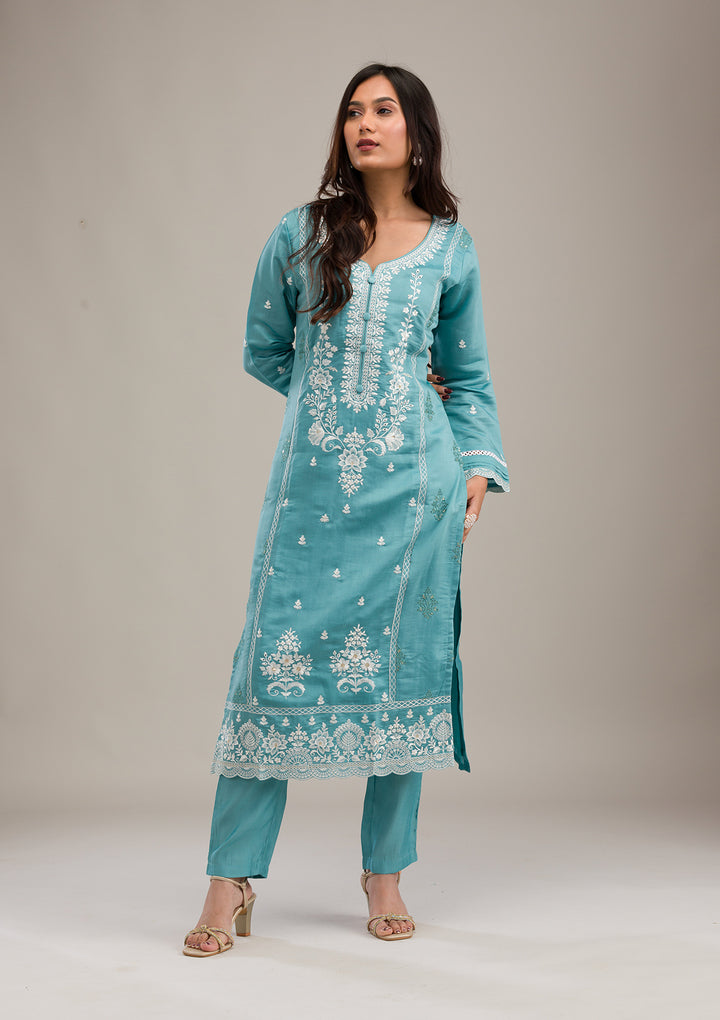 Sky Blue Threadwork Cotton Readymade Salwar Suit
