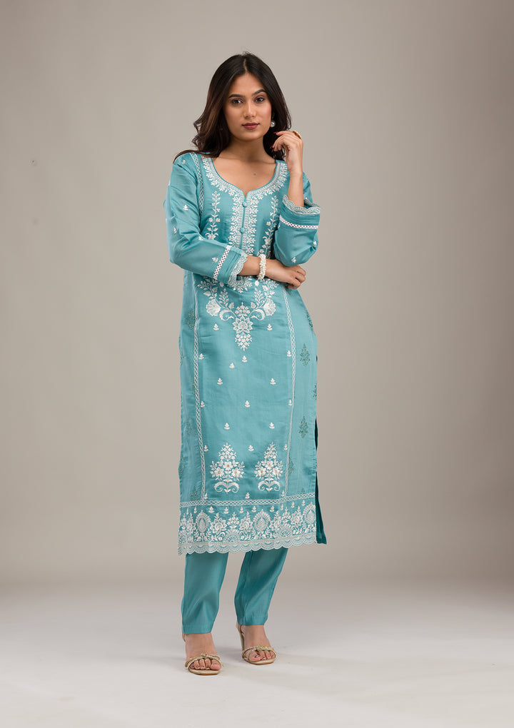 Sky Blue Threadwork Cotton Readymade Salwar Suit