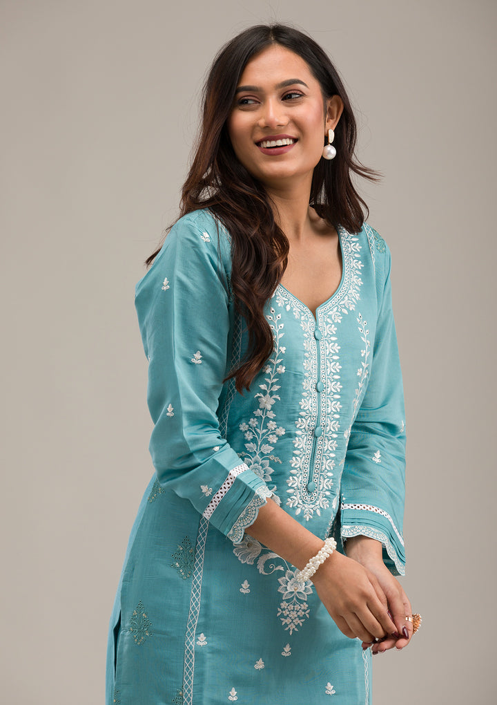 Sky Blue Threadwork Cotton Readymade Salwar Suit