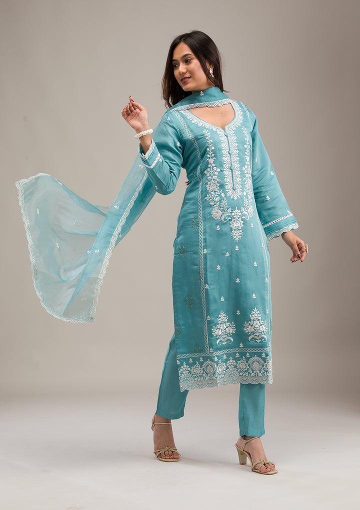 Sky Blue Threadwork Cotton Readymade Salwar Suit