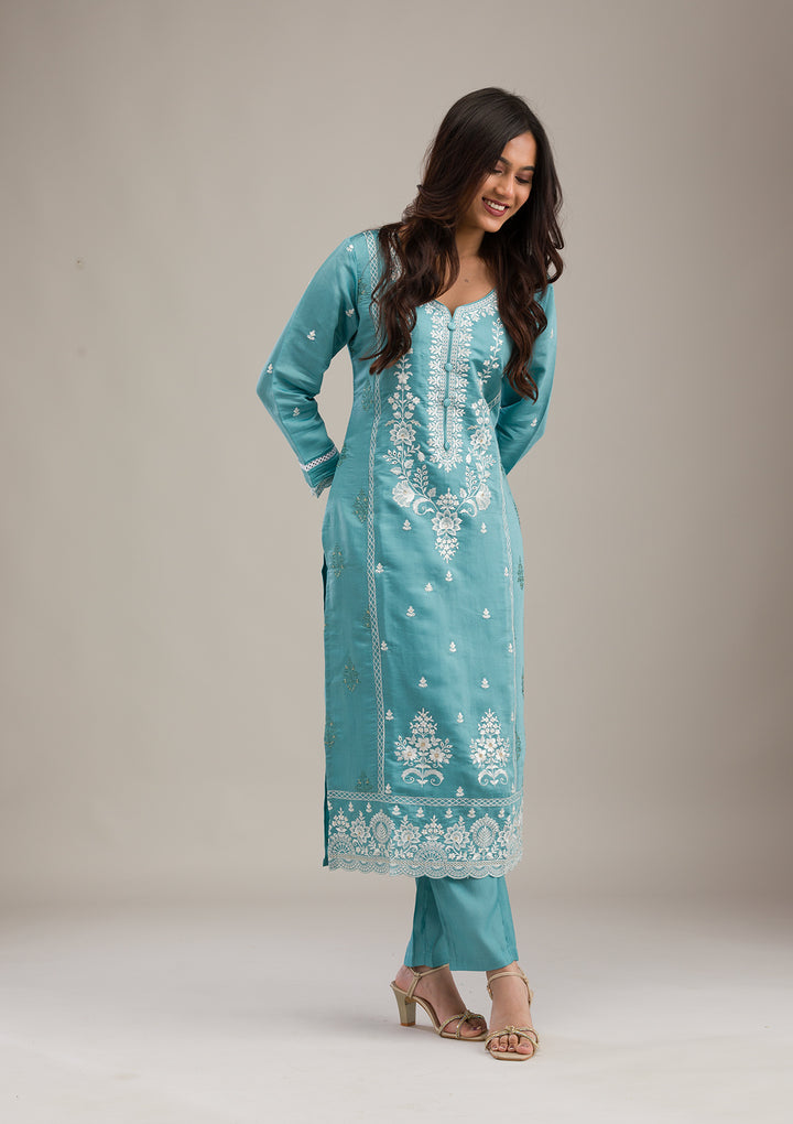 Sky Blue Threadwork Cotton Readymade Salwar Suit