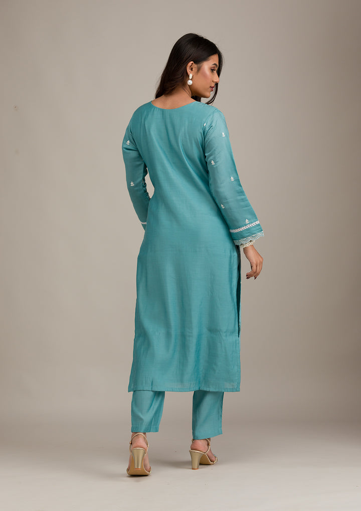 Sky Blue Threadwork Cotton Readymade Salwar Suit