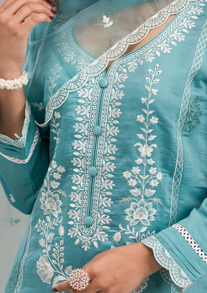 Sky Blue Threadwork Cotton Readymade Salwar Suit