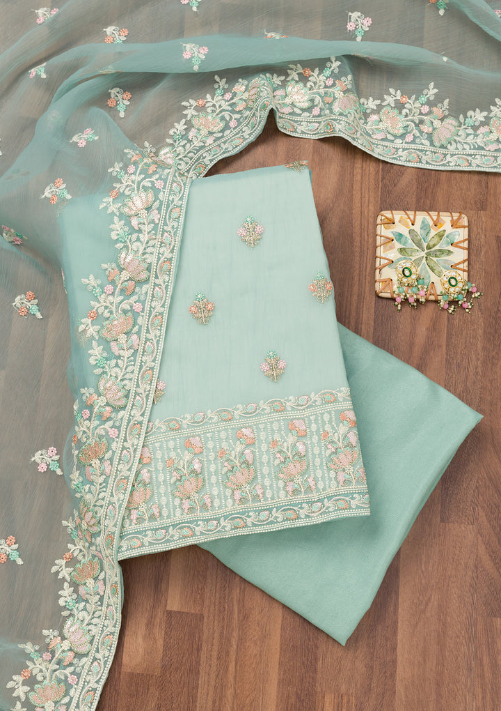Sky Blue Organza Threadwork Unstitched Dress Material With Matching Bottom And Dupatta