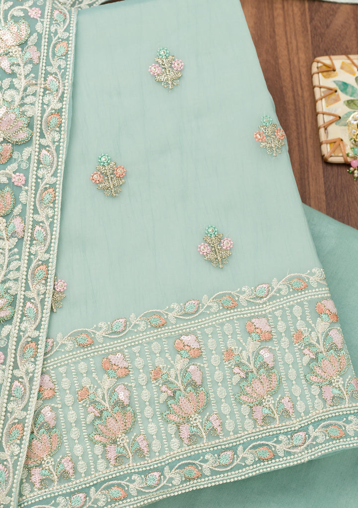 Sky Blue Organza Threadwork Unstitched Dress Material With Matching Bottom And Dupatta