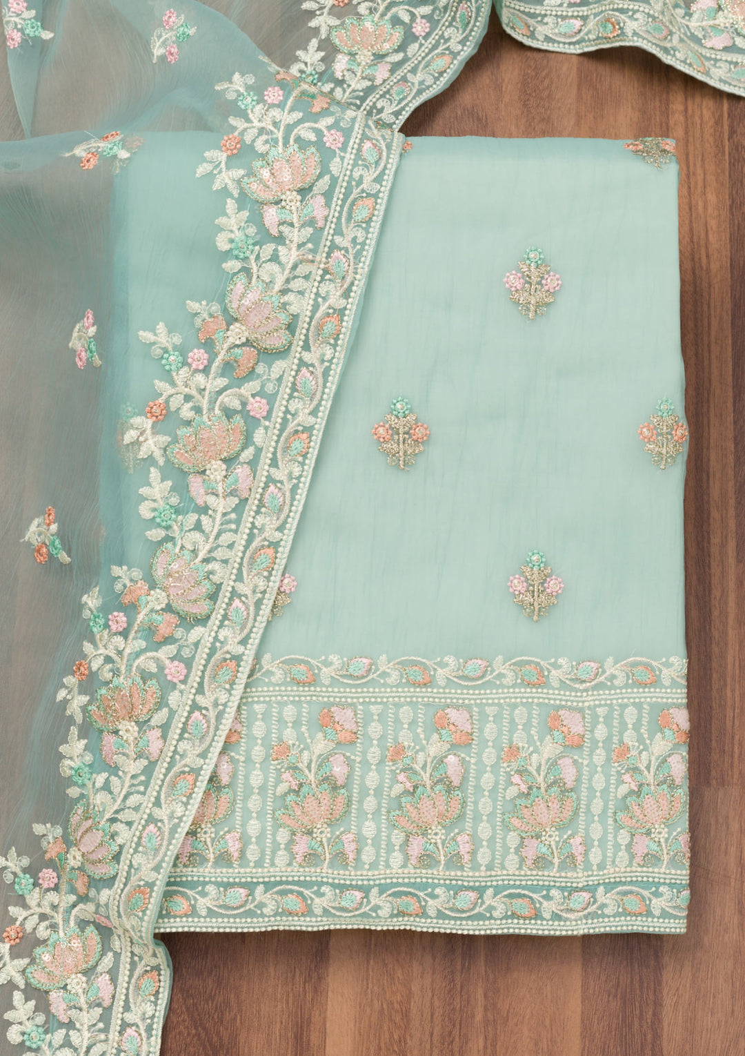 Sky Blue Organza Threadwork Unstitched Dress Material With Matching Bottom And Dupatta