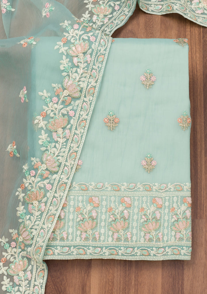 Sky Blue Organza Threadwork Unstitched Dress Material With Matching Bottom And Dupatta