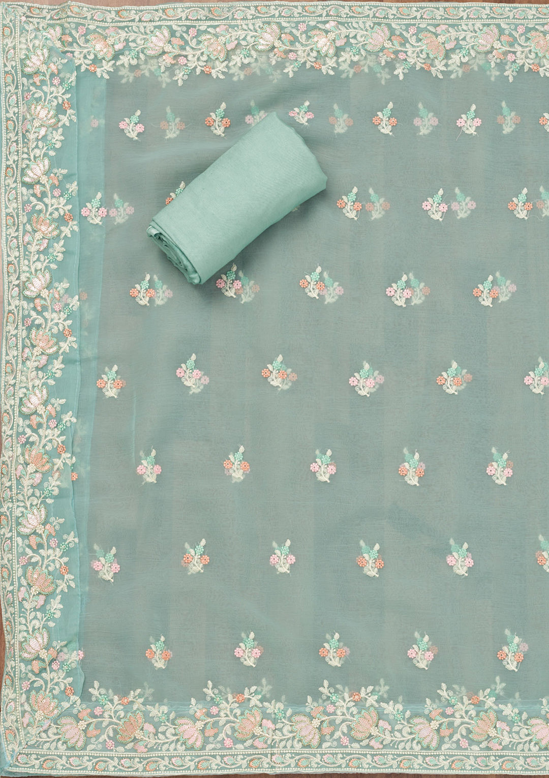 Sky Blue Organza Threadwork Unstitched Dress Material With Matching Bottom And Dupatta