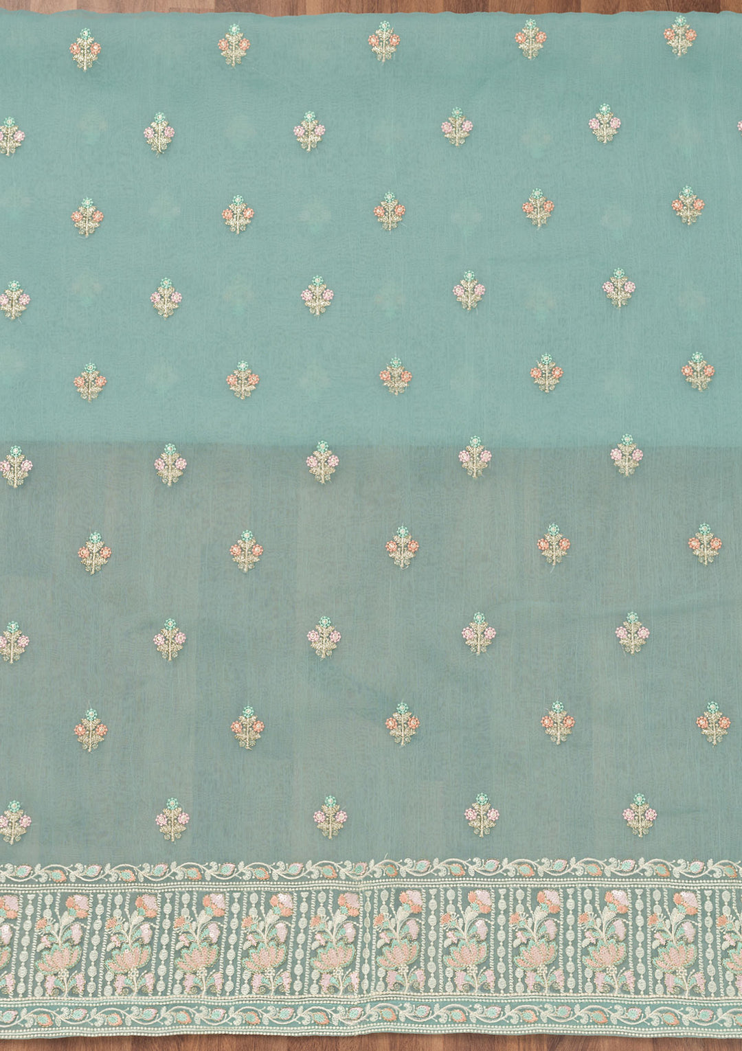 Sky Blue Organza Threadwork Unstitched Dress Material With Matching Bottom And Dupatta