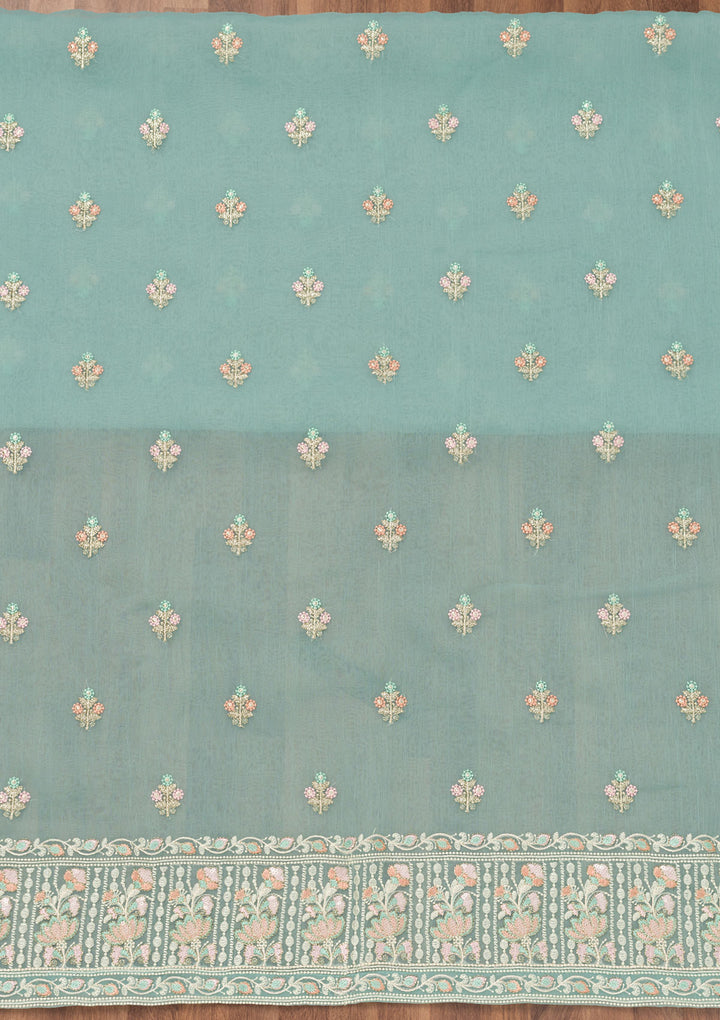 Sky Blue Organza Threadwork Unstitched Dress Material With Matching Bottom And Dupatta