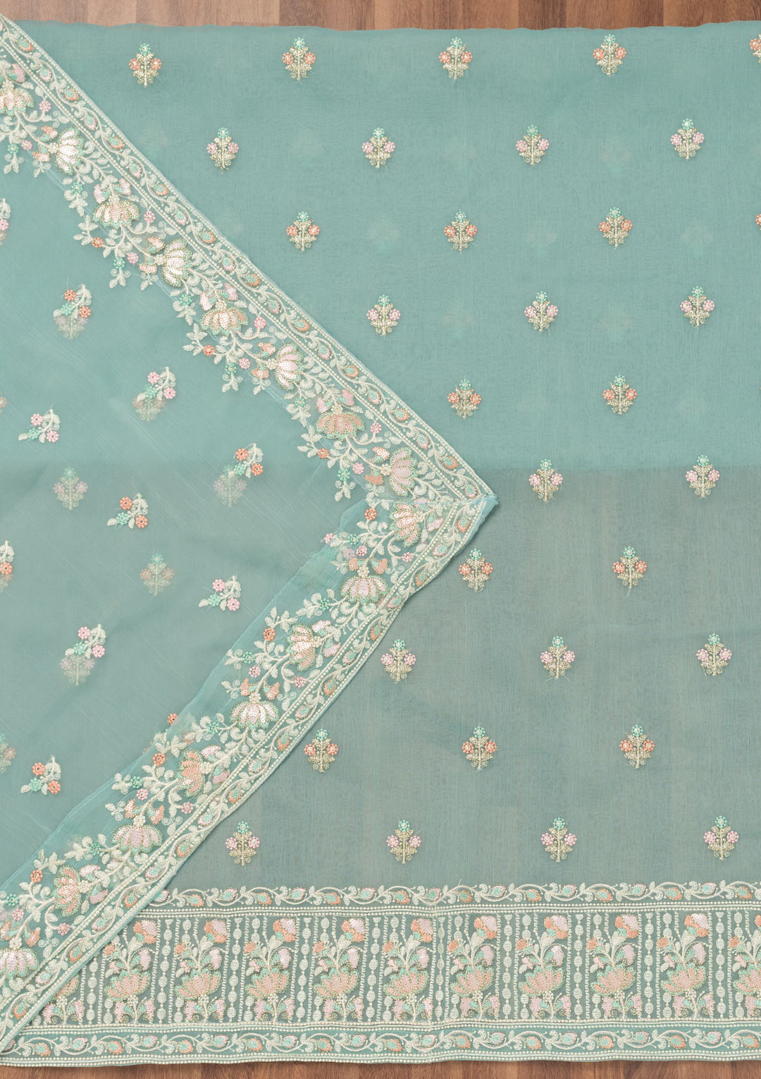 Sky Blue Organza Threadwork Unstitched Dress Material With Matching Bottom And Dupatta