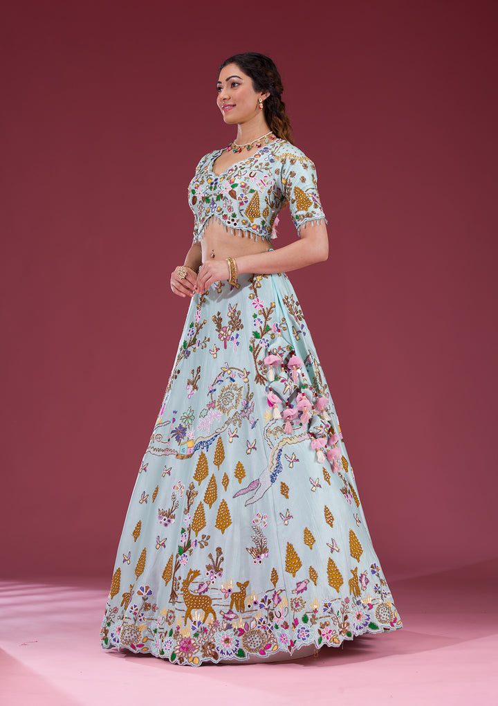 Koskii Raw Silk Ivory Lehenga – Threadwork Embellished