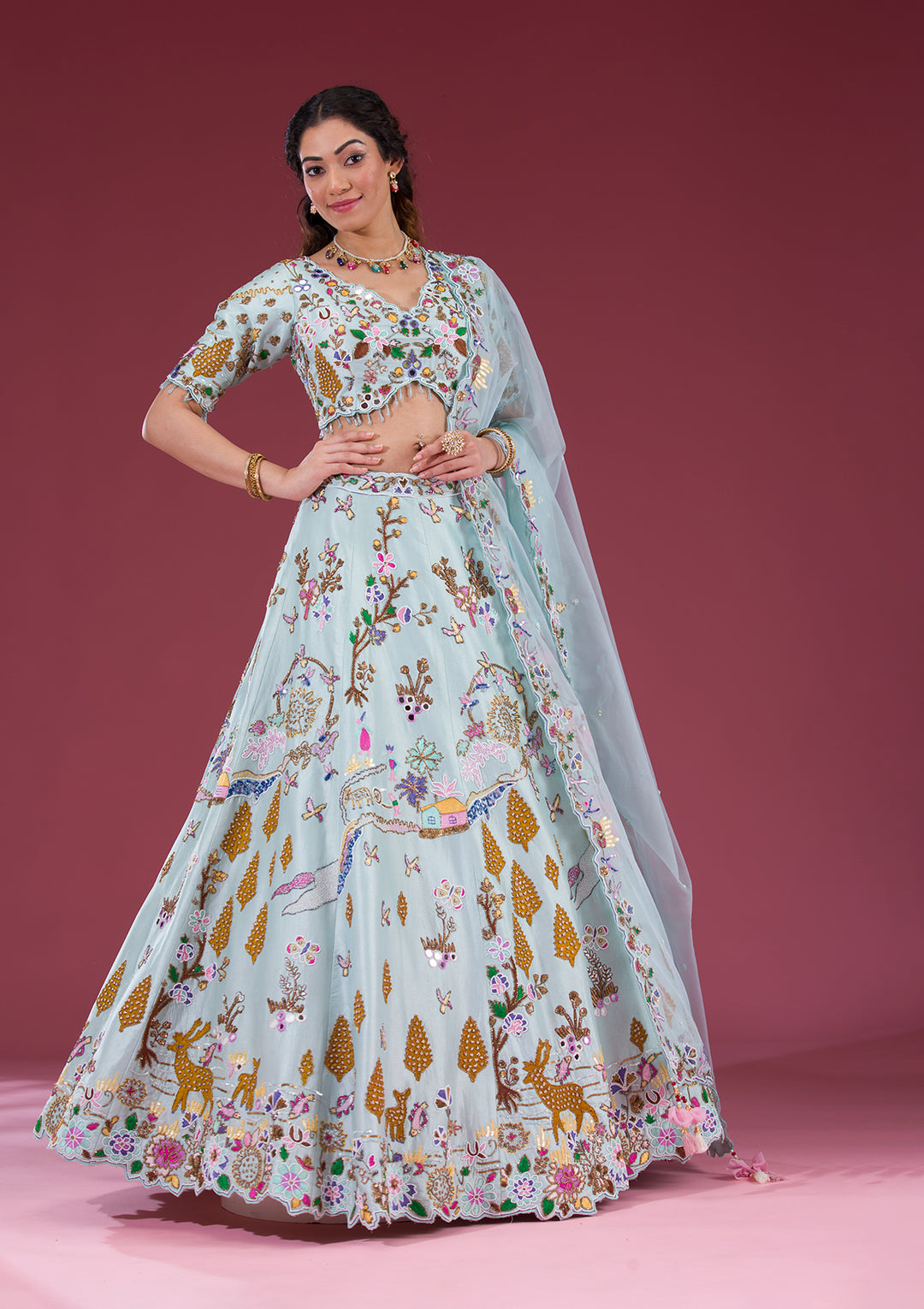 Koskii Raw Silk Ivory Lehenga – Threadwork Embellished