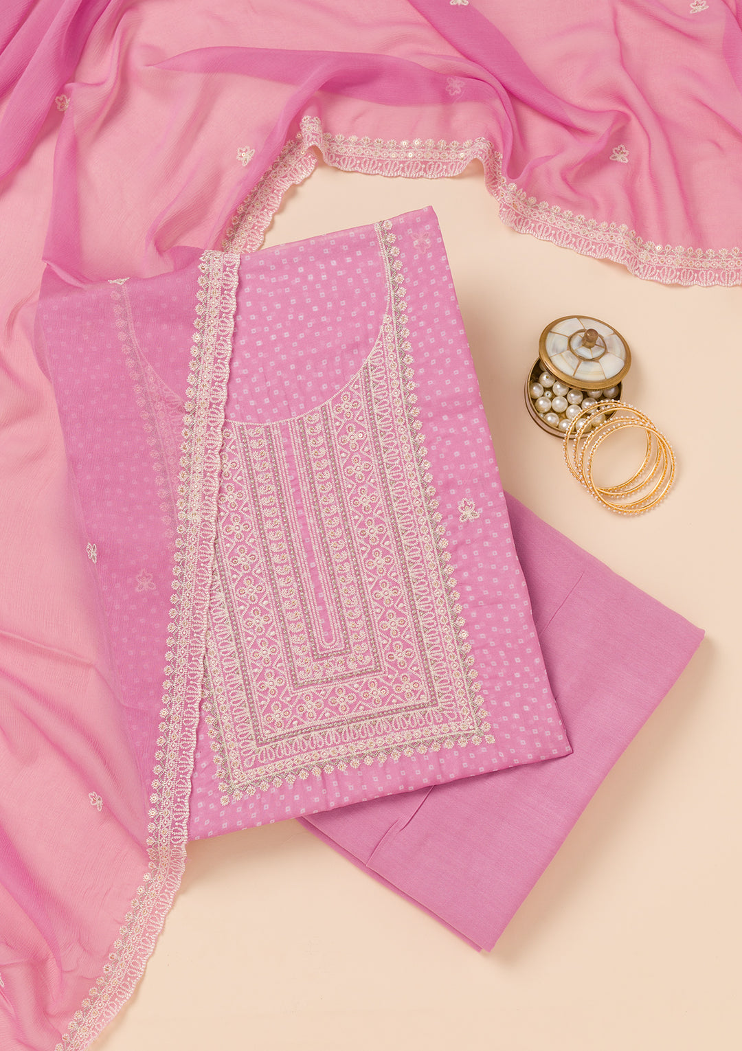 Pink Tissue Threadwork Unstitched Dress Material With Matching Bottom And Dupatta