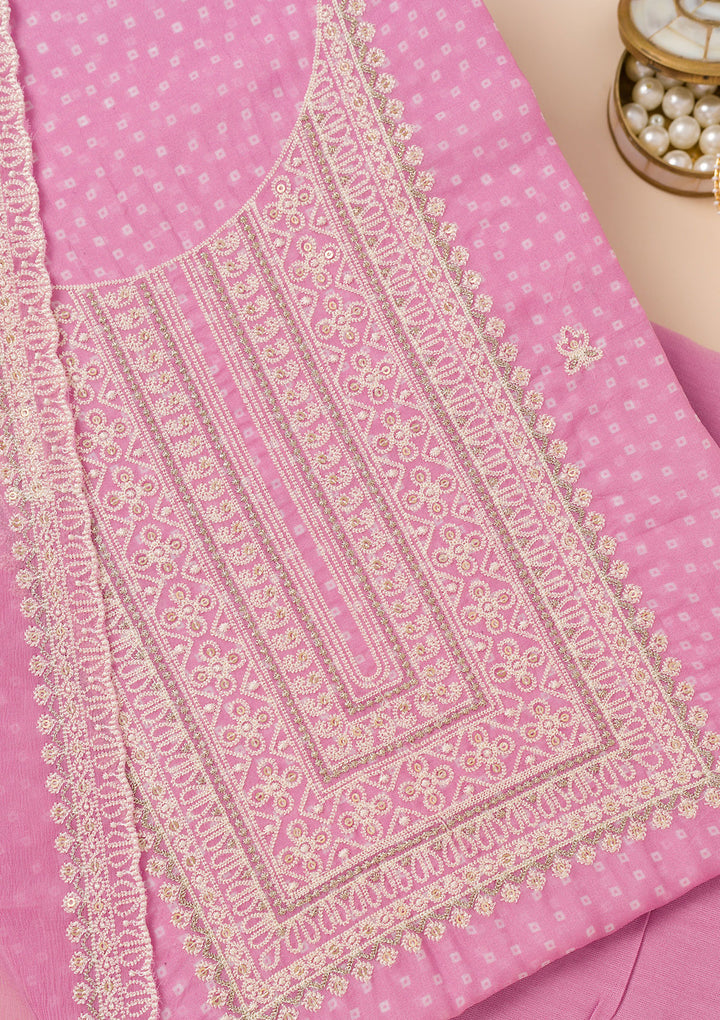 Pink Tissue Threadwork Unstitched Dress Material With Matching Bottom And Dupatta