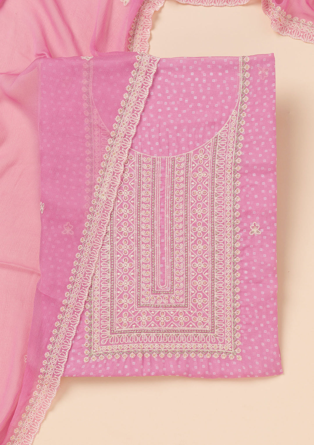 Pink Tissue Threadwork Unstitched Dress Material With Matching Bottom And Dupatta