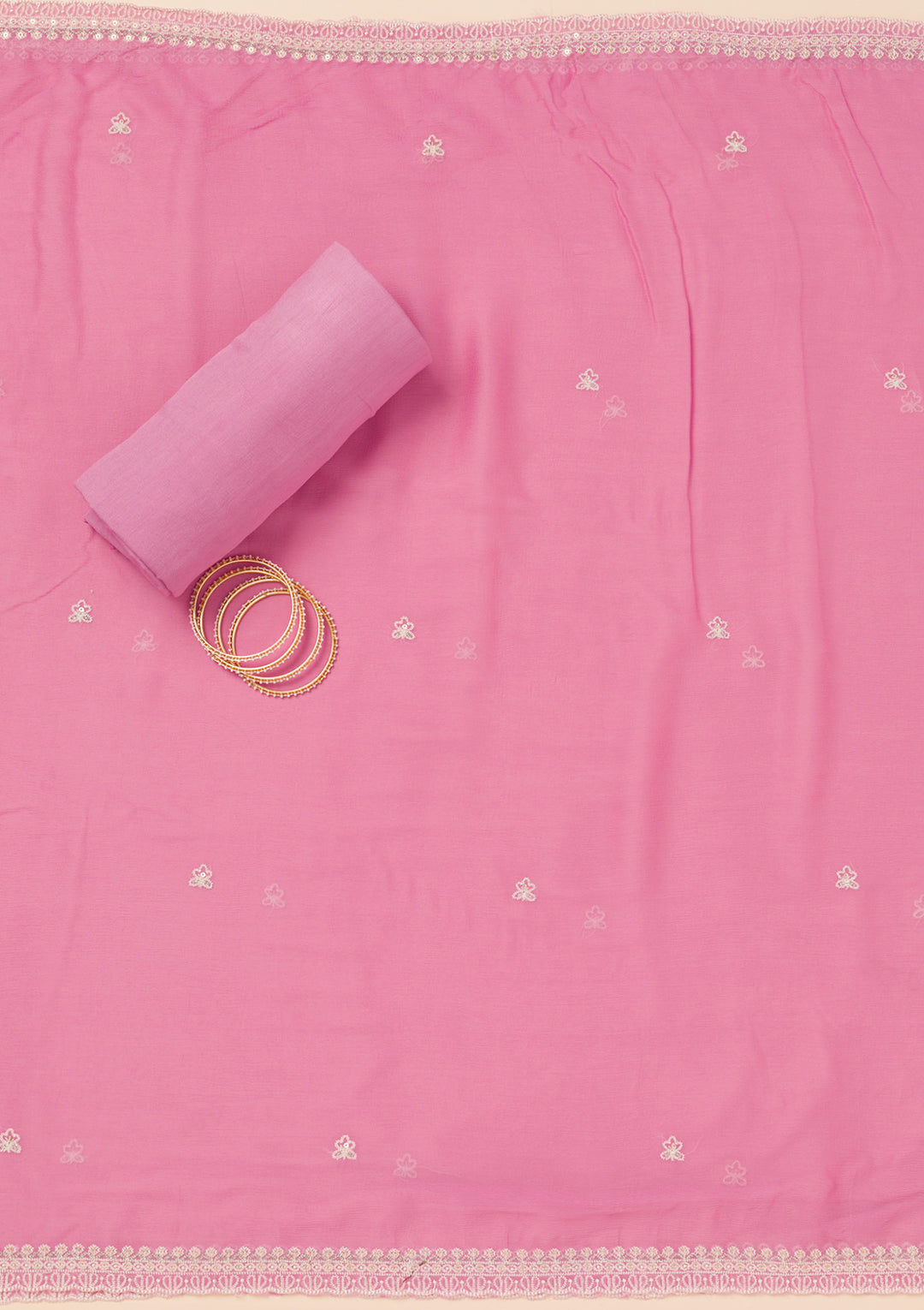 Pink Tissue Threadwork Unstitched Dress Material With Matching Bottom And Dupatta