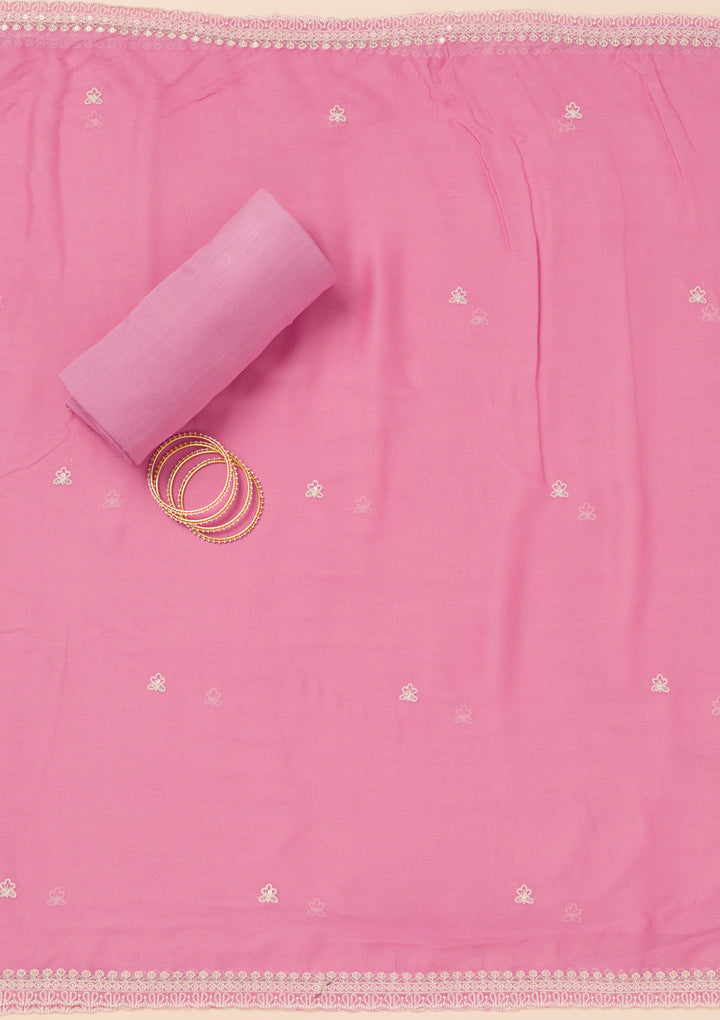 Pink Tissue Threadwork Unstitched Dress Material With Matching Bottom And Dupatta