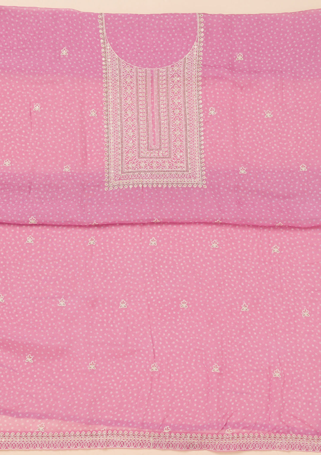 Pink Tissue Threadwork Unstitched Dress Material With Matching Bottom And Dupatta