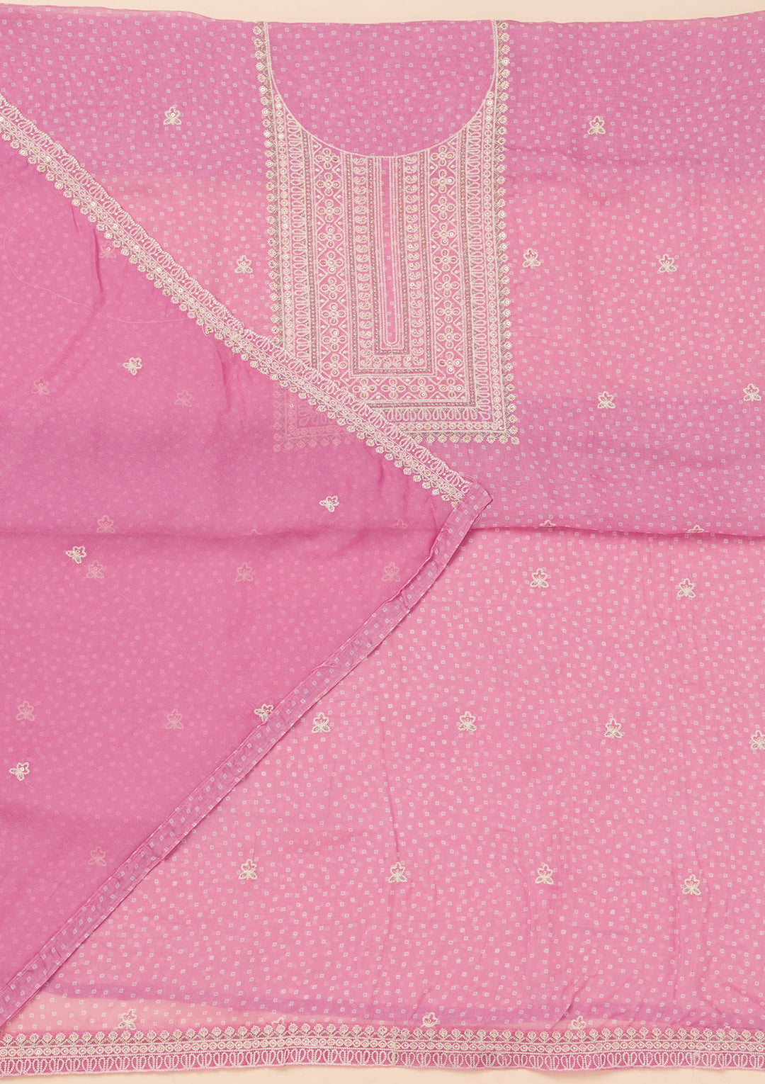 Pink Tissue Threadwork Unstitched Dress Material With Matching Bottom And Dupatta
