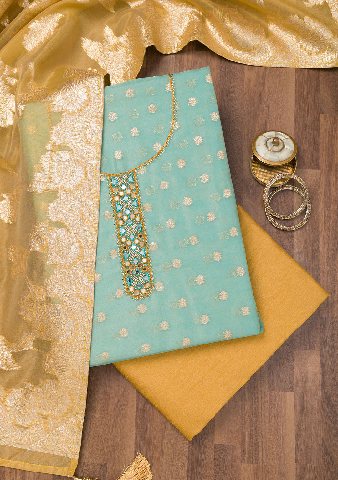 Sky Blue Chanderi Mirrorwork Unstitched Dress Material With Matching Bottom And Dupatta