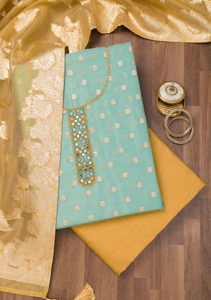 Sky Blue Chanderi Mirrorwork Unstitched Dress Material With Matching Bottom And Dupatta