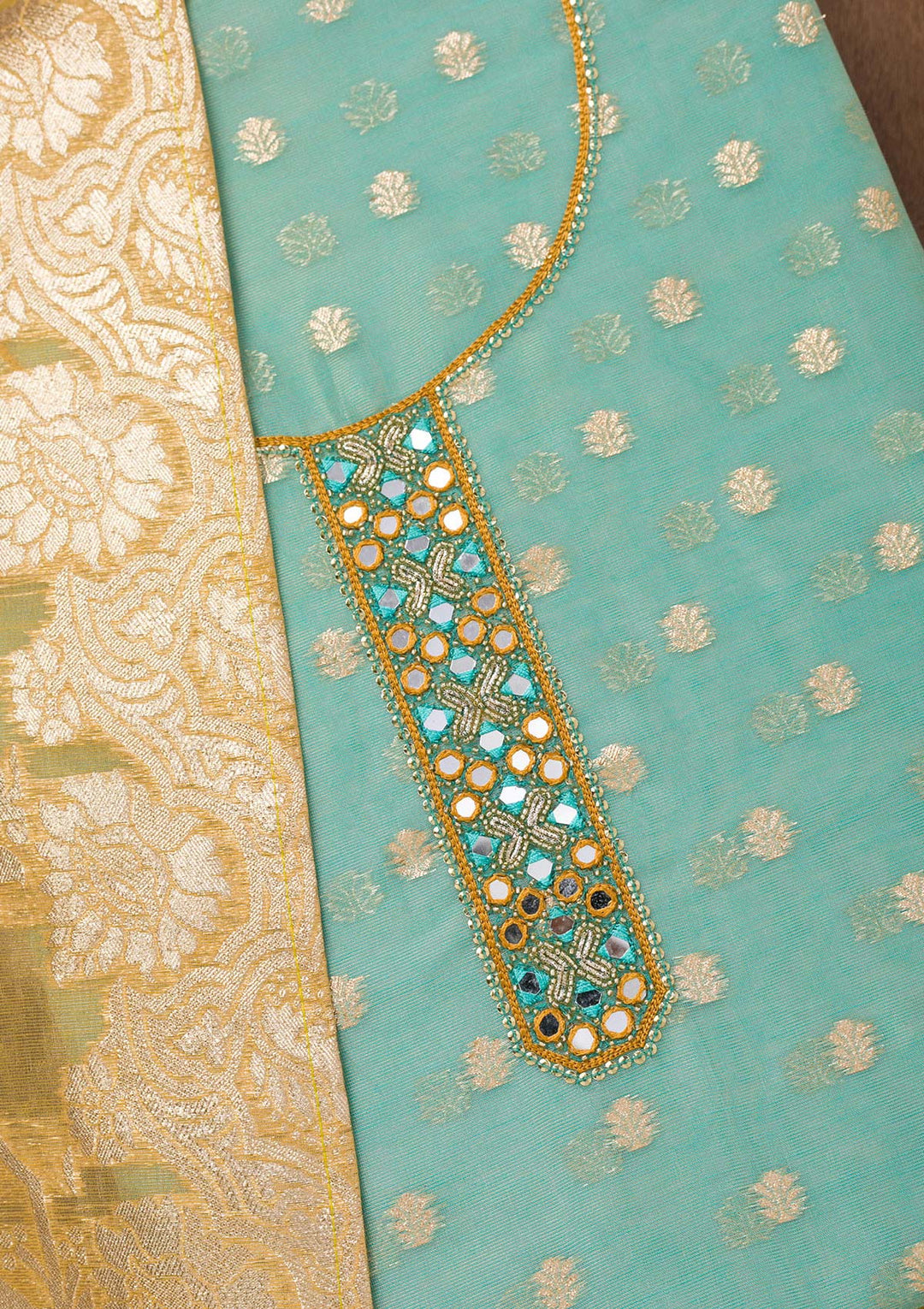 Sky Blue Chanderi Mirrorwork Unstitched Dress Material With Matching Bottom And Dupatta