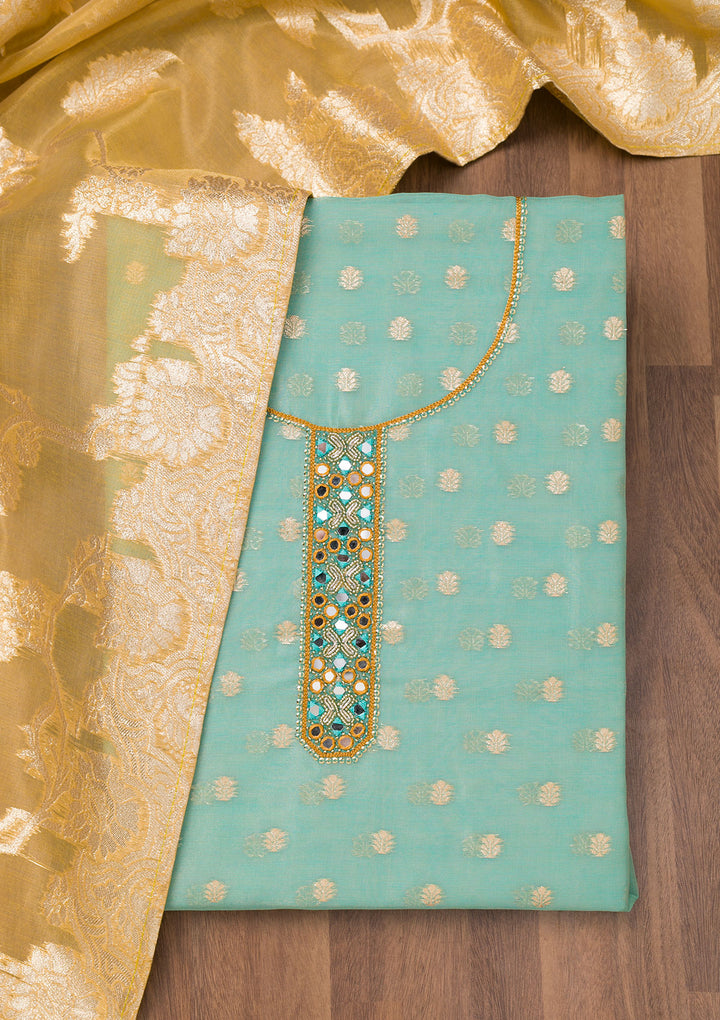 Sky Blue Chanderi Mirrorwork Unstitched Dress Material With Matching Bottom And Dupatta