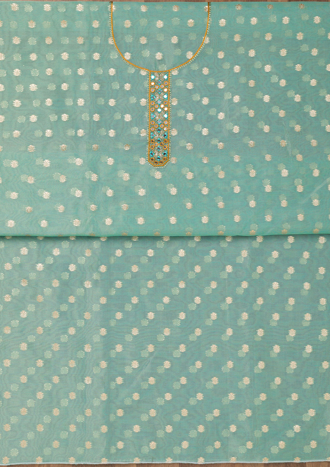 Sky Blue Chanderi Mirrorwork Unstitched Dress Material With Matching Bottom And Dupatta