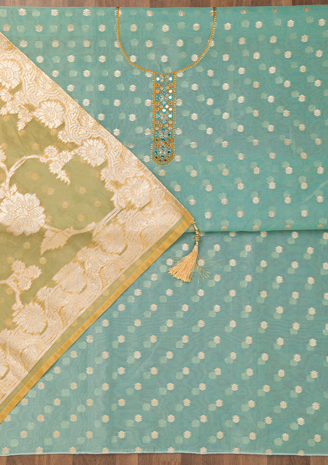 Sky Blue Chanderi Mirrorwork Unstitched Dress Material With Matching Bottom And Dupatta