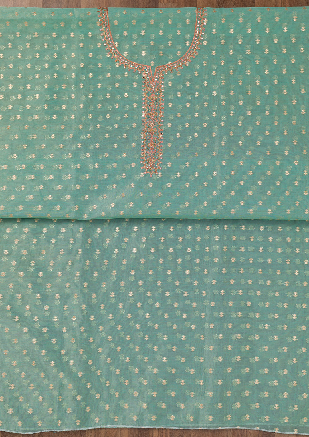 Sky Blue Chanderi Mirrorwork Unstitched Dress Material With Matching Bottom And Dupatta