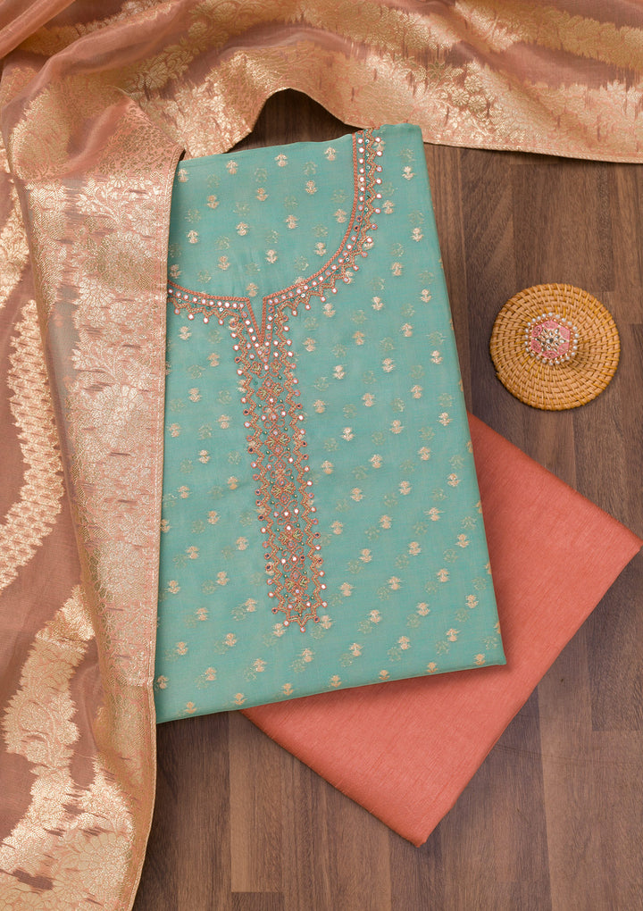 Sky Blue Chanderi Mirrorwork Unstitched Dress Material With Matching Bottom And Dupatta