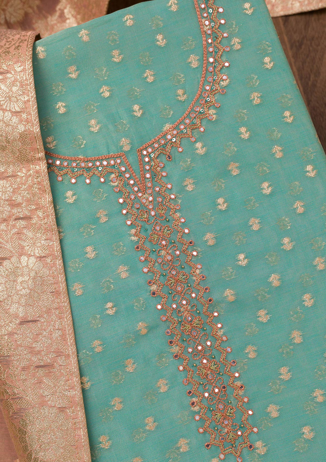 Sky Blue Chanderi Mirrorwork Unstitched Dress Material With Matching Bottom And Dupatta
