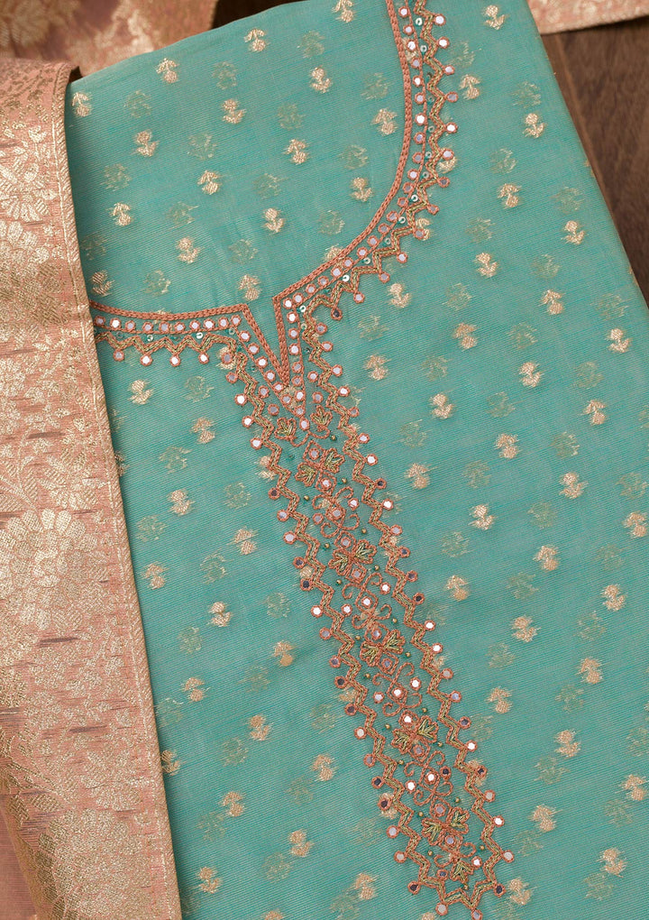 Sky Blue Chanderi Mirrorwork Unstitched Dress Material With Matching Bottom And Dupatta