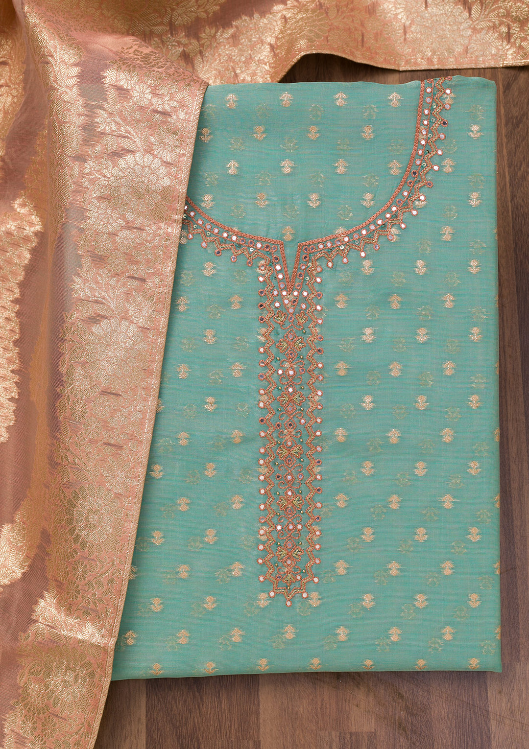 Sky Blue Chanderi Mirrorwork Unstitched Dress Material With Matching Bottom And Dupatta