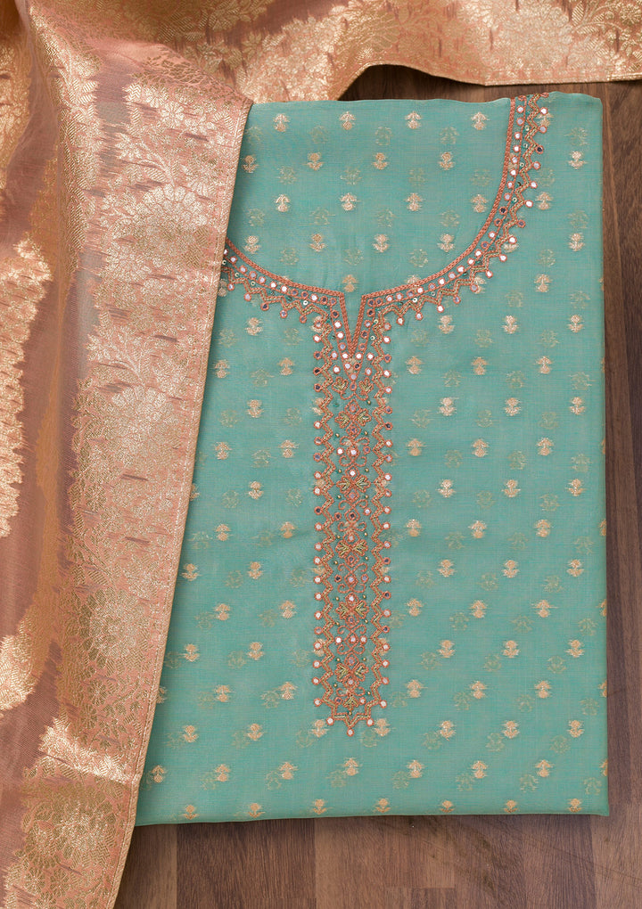 Sky Blue Chanderi Mirrorwork Unstitched Dress Material With Matching Bottom And Dupatta