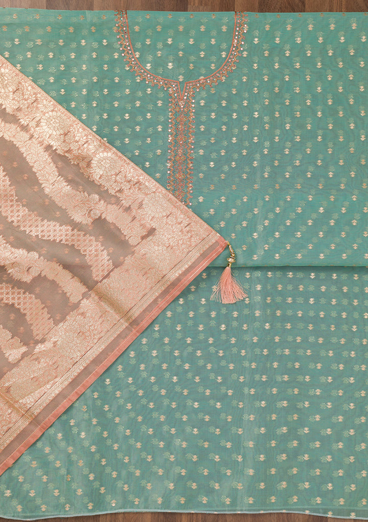 Sky Blue Chanderi Mirrorwork Unstitched Dress Material With Matching Bottom And Dupatta
