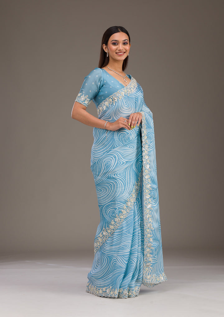 Sky Blue Zariwork Georgette Saree